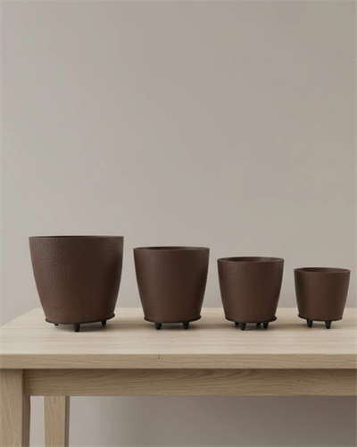 4’lü 3D Kahve Tonlu Ayaklı Saksı Seti Modern Dekoratif Vazo Takımı
