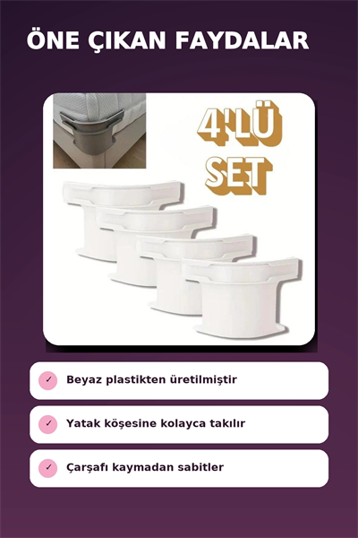 4lü Beyaz Plastik Yatak Çarşaf Sabitleyici Klips Seti
