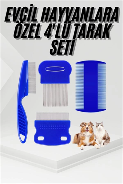 4lü Bit Pire Tarağı Set Kedi Köpek Evcil Hayvan Tüy Toplayıcı Mavi