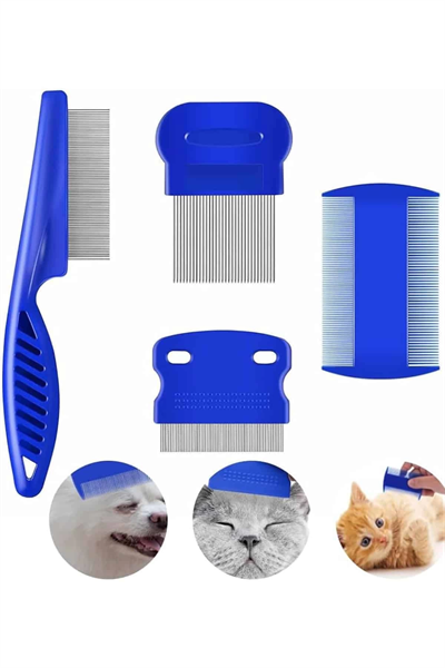 4lü Bit Pire Tarağı Set Kedi Köpek Evcil Hayvan Tüy Toplayıcı Mavi