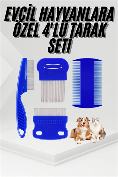 4lü Bit Pire Tarağı Set Kedi Köpek Evcil Hayvan Tüy Toplayıcı Mavi