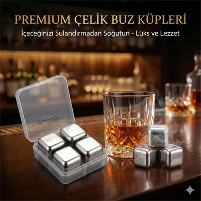 4lü Çelik Metal Kaplama Viski Taşı Soğutma Buz Küpü