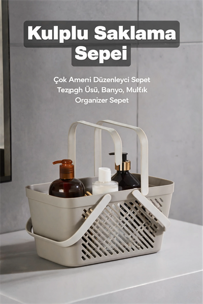 4lü Gri Mutfak Düzenleyici Kulplu Sepet Banyo Çamaşır Organizer Seti