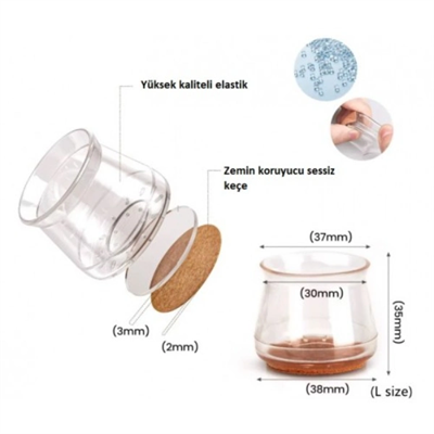 4lü Keçeli Şeffaf Silikon Sandalye Ayak Koruyucu Seti