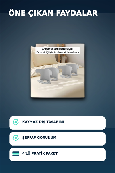 4lü Şeffaf Çarşaf ve Yorgan Sabitleyici – Kaymaz Dişli Tasarım, Ev Temizliği İçin Pratik Çözüm