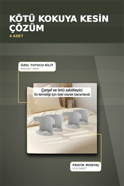 4lü Şeffaf Kaymaz Çarşaf ve Yorgan Sabitleyici – Yatak Örtü Tutucu Pratik Ev Çözümü