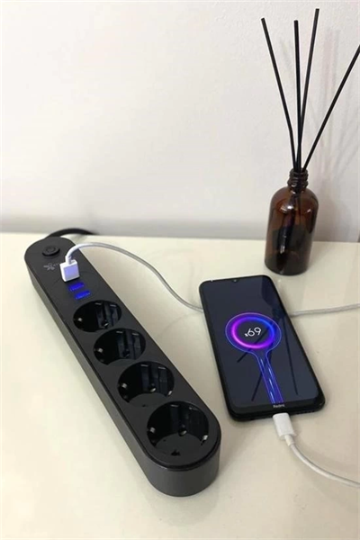 4lü Siyah Anahtarlı 3 Usb Li Akım Korumalı Topraklı Çocuk Korumalı Grup Priz 2 Metre
