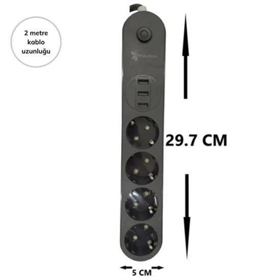 4lü Siyah Anahtarlı 3 Usb Li Akım Korumalı Topraklı Çocuk Korumalı Grup Priz 2 Metre