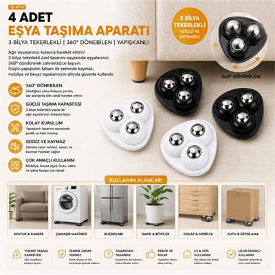4pcs 3 Bilya Tekerlekli Poşetli Mobilya Eşya Taşıma Aparatı 360° Bx40