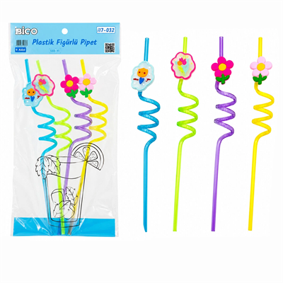 4pcs Kıvrımlı - Renkli Plastik Pipet Figürlü=mix Bx40