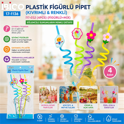 4pcs Kıvrımlı - Renkli Plastik Pipet Figürlü=mix Bx40