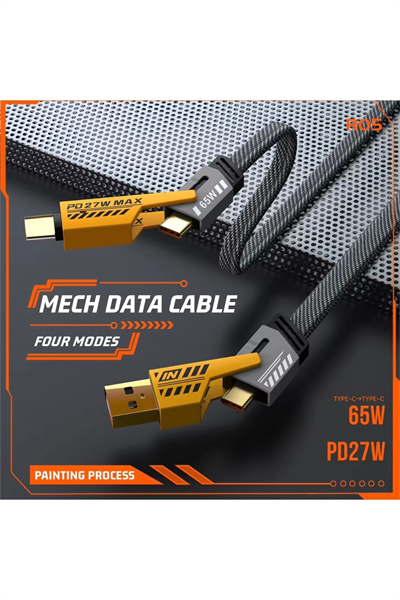 4’ü 1 Arada 65W Hızlı Şarj Kablosu – USB ve Type-C Girişli, Örgülü Dayanıklı