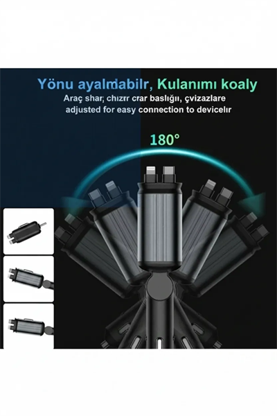 4’ü 1 Arada Araç Çakmaklık Şarj Cihazı 66W Type-C Hızlı Şarj Çift USB Telefon Şarj Geri Çekilebilir Kablo