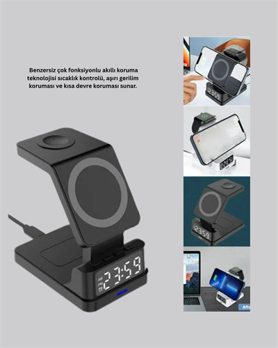 4’ü 1 Arada Kablosuz Şarj İstasyonu – LED Saat Ekranlı, Apple Uyumlu, Akıllı Güvenlik Koruması