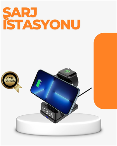 4’ü 1 Arada Kablosuz Şarj İstasyonu LED Saat Ekranlı, Akıllı Güvenlik Koruması