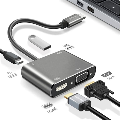 4’ü 1 Arada Type-C to Hub Dönüştürücü Adaptör – 4K Ultra HD HDMI & VGA Görüntü Aktarımı, PD Hızlı Şarj Destekli, USB Çoklayıcı