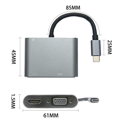 4’ü 1 Arada Type-C to Hub Dönüştürücü Adaptör – 4K Ultra HD HDMI & VGA Görüntü Aktarımı, PD Hızlı Şarj Destekli, USB Çoklayıcı