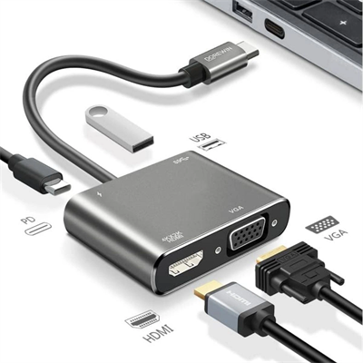 4’ü 1 Arada Type-c To Hub Dönüştürücü Adaptör – 4k Ultra Hd Hdmı & Vga Görüntü Aktarımı, Pd Hızlı Şarj Destekli, Usb Çoklayıcı Bx40