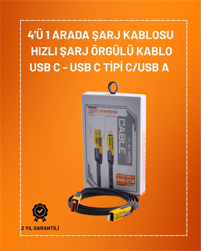 4ü 1 Arada USB Hızlı Şarj ve Veri Kablosu – 65W Güç, Çoklu Bağlantı, 1.2m