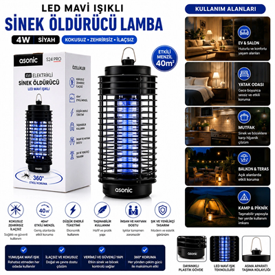 4w - Siyah Kokusuz Taşınabilir Led Mavi Işıklı Sinek Öldürücü S24 Pro Bx40