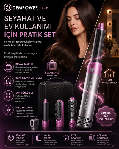 5 Başlıklı Çok Fonksiyonlu Saç Şekillendirici Fön Fırçası ve Bukle Yapıcı Set