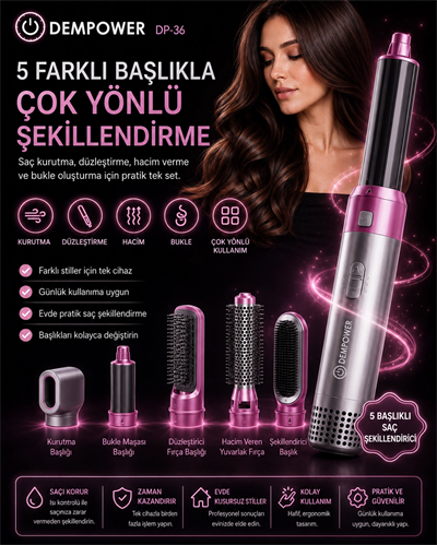 5 Başlıklı Çok Fonksiyonlu Saç Şekillendirici Fön Fırçası ve Bukle Yapıcı Set