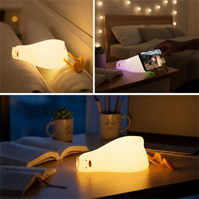 5 Farklı Renk Modlu Tembel Ördek Figürlü Pofuduk LED Gece Lambası–Yumuşak Dokulu Çocuk Odası ve Dekoratif Şarjlı Ortam Işığı