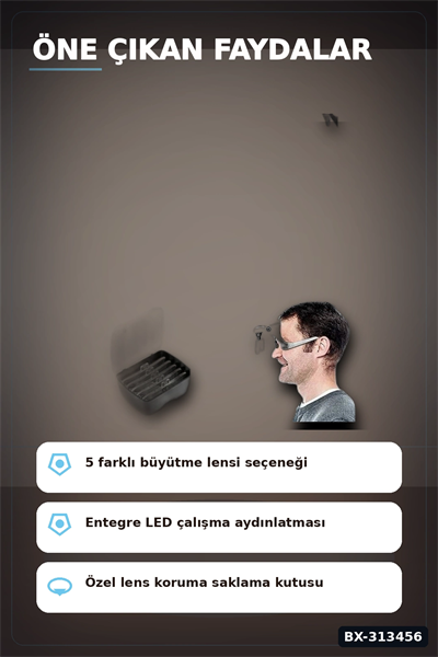 5 Lensli 2 LED Işıklı Büyüteç Gözlük - Ayarlanabilir Pilli Model, Hobi ve Tamir İçin BX-313456