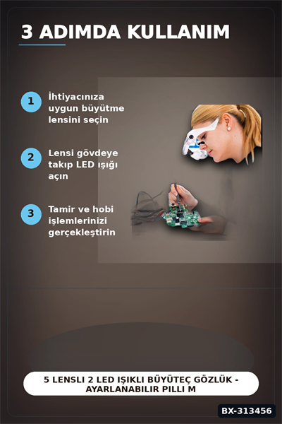 5 Lensli 2 LED Işıklı Büyüteç Gözlük - Ayarlanabilir Pilli Model, Hobi ve Tamir İçin BX-313456