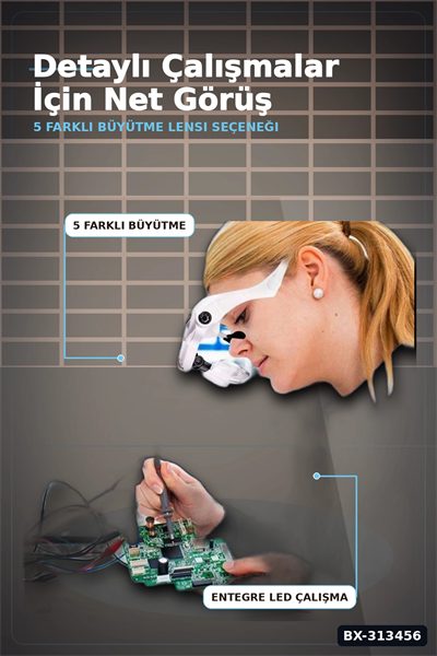 5 Lensli 2 LED Işıklı Büyüteç Gözlük - Ayarlanabilir Pilli Model, Hobi ve Tamir İçin BX-313456