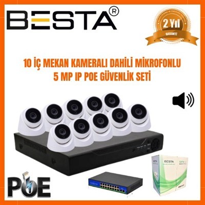 5 MP 1440P 10 İÇ MEKAN KAMERALI DAHİLİ MİKROFONLU IP POE Güvenlik Seti