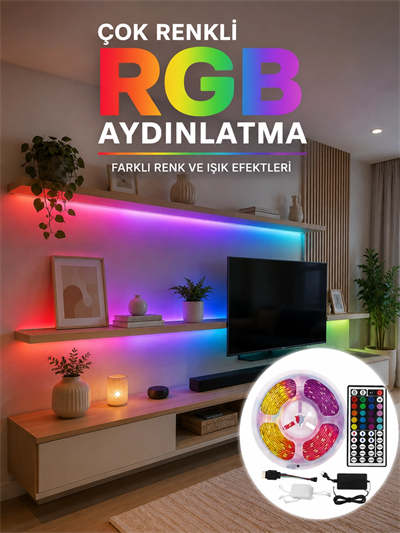 5 Metre Kumandalı RGB LED Şerit 5050 SMD 54 LED/M Renk Değiştiren Ambiyans Aydınlatma