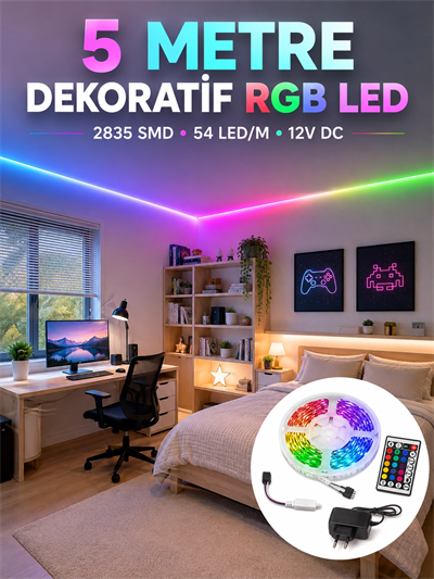 5 Metre RGB Şerit LED 2835 SMD 54 LED/M Uzaktan Kumandalı Dekoratif Aydınlatma