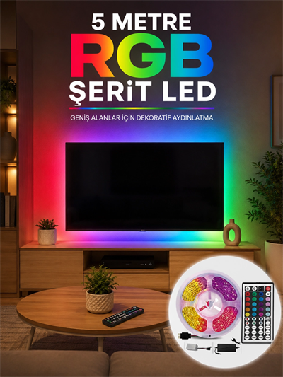 5 Metre RGB Şerit LED 5050 SMD Uzaktan Kumandalı Renkli Dekoratif LED Aydınlatma Seti