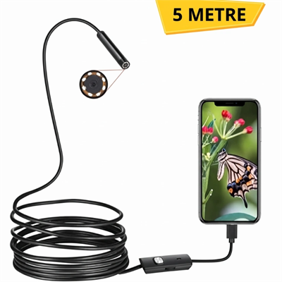 5 Metre Yılan Kamera - LED Işıklı - IP67 Su Geçirmez - 3 Farklı Başlıklı