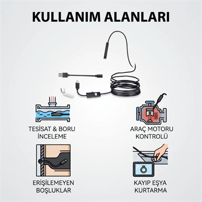 5 Metre Yılan Kamera - LED Işıklı - IP67 Su Geçirmez - 3 Farklı Başlıklı