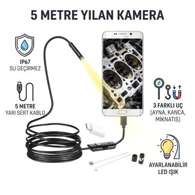 5 Metre Yılan Kamera - LED Işıklı - IP67 Su Geçirmez - 3 Farklı Başlıklı