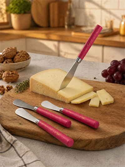 5 Parça  Uzun Kahvaltı Bıçak - Kırmızı Mermer Desen Saplı 16.5 Cm Bx40
