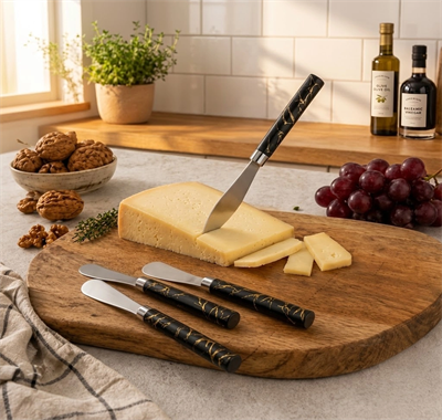 5 Parça  Uzun Kahvaltı Bıçak - Siyah Mermer Desen Saplı 16.5 Cm Bx40