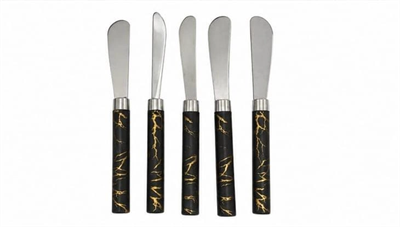 5 Parça  Uzun Kahvaltı Bıçak - Siyah Mermer Desen Saplı 16.5 Cm Bx40
