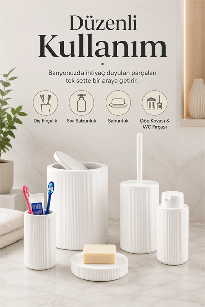 5 Parça Beyaz Banyo Seti Diş Fırçalık Çöp Kovası Sabunluk Sıvı Sabunluk Tuvalet Fırçası