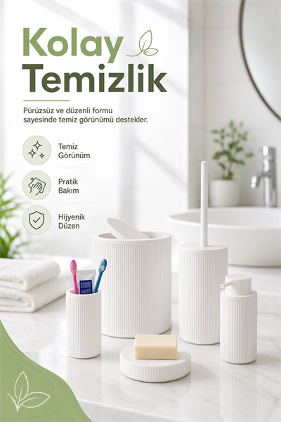 5 Parça Beyaz Banyo Seti Diş Fırçalık Çöp Kovası Sabunluk Sıvı Sabunluk Tuvalet Fırçası