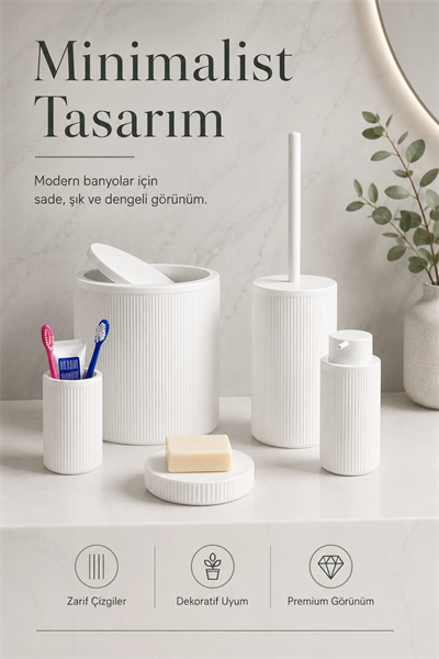 5 Parça Beyaz Banyo Seti Diş Fırçalık Çöp Kovası Sabunluk Sıvı Sabunluk Tuvalet Fırçası