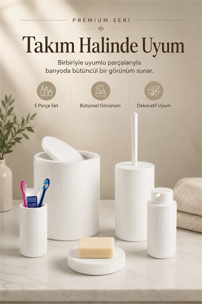 5 Parça Beyaz Banyo Seti Diş Fırçalık Çöp Kovası Sabunluk Sıvı Sabunluk Tuvalet Fırçası