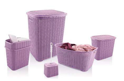 5 Parça Örgü Desenli Plastik Banyo Seti Çamaşır Sepeti Deterjanlık Çöp Kovası Klozet Fırçası - Mor