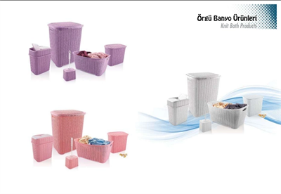 5 Parça Örgü Desenli Plastik Banyo Seti Çamaşır Sepeti Deterjanlık Klik Çöp Kovası Klozet Fırçası