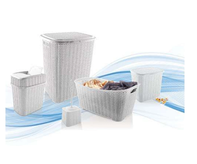 5 Parça Örgü Desenli Plastik Banyo Seti Çamaşır Sepeti Deterjanlık Çöp Kovası Klozet Fırçası - Gri
