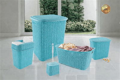 5 Parça Örgü Desenli Plastik Banyo Seti Çamaşır Sepeti Deterjanlık Çöp Kovası Klozet Fırçası - Mavi