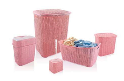 5 Parça Örgü Desenli Plastik Banyo Seti Çamaşır Sepeti Deterjanlık Klik Çöp Kovası Klozet Fırçası