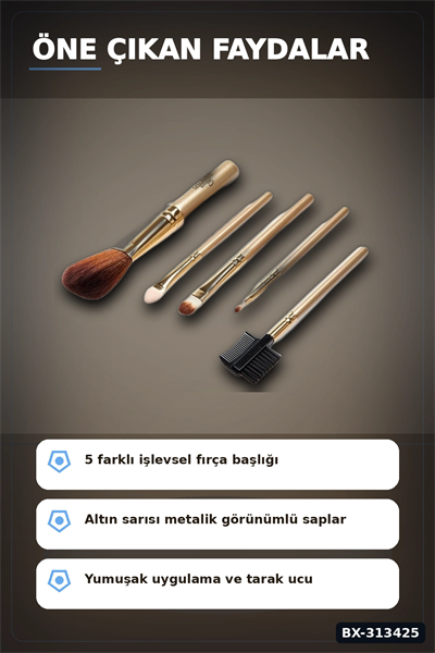 5 Parça Profesyonel Makyaj Fircasi Seti - Sarı Renk Kozmetik Far Allik Fondoten Fircasi BX-313425